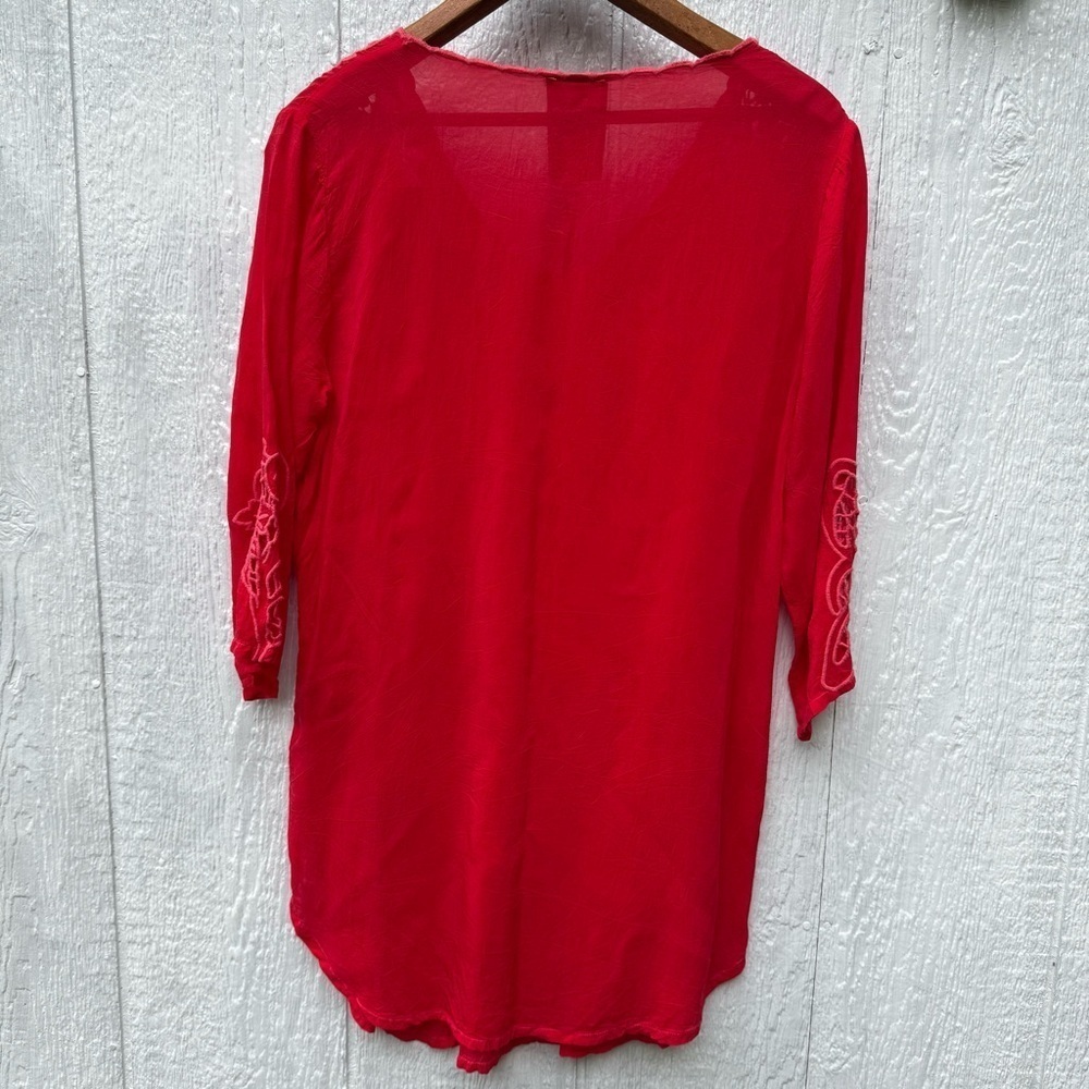 NWT Johnny Was Arlene Appliqué Tunic Sheer Red Women's 3/4 Sleeve Shirt Top XS - Picture 8 of 9